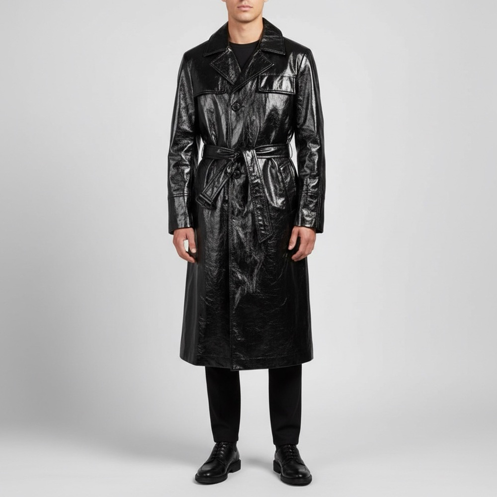 Orttu Men’s Black‎ Gloss Patent Leather Trench Coat Couture Long Belted Jacket M